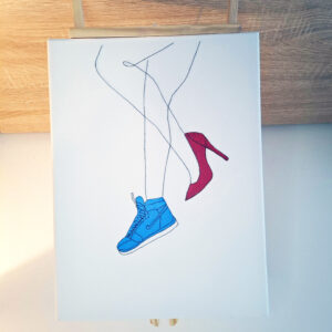 one foot in high heels, one foot in nike runners 
